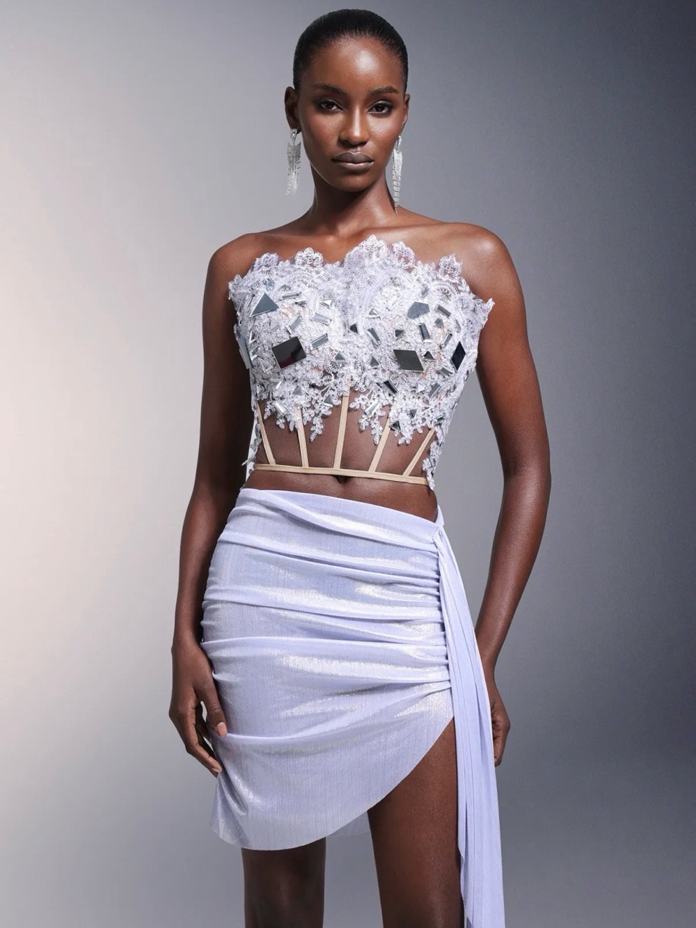 Strapless Lilac Lace Appliqué Crop Dress